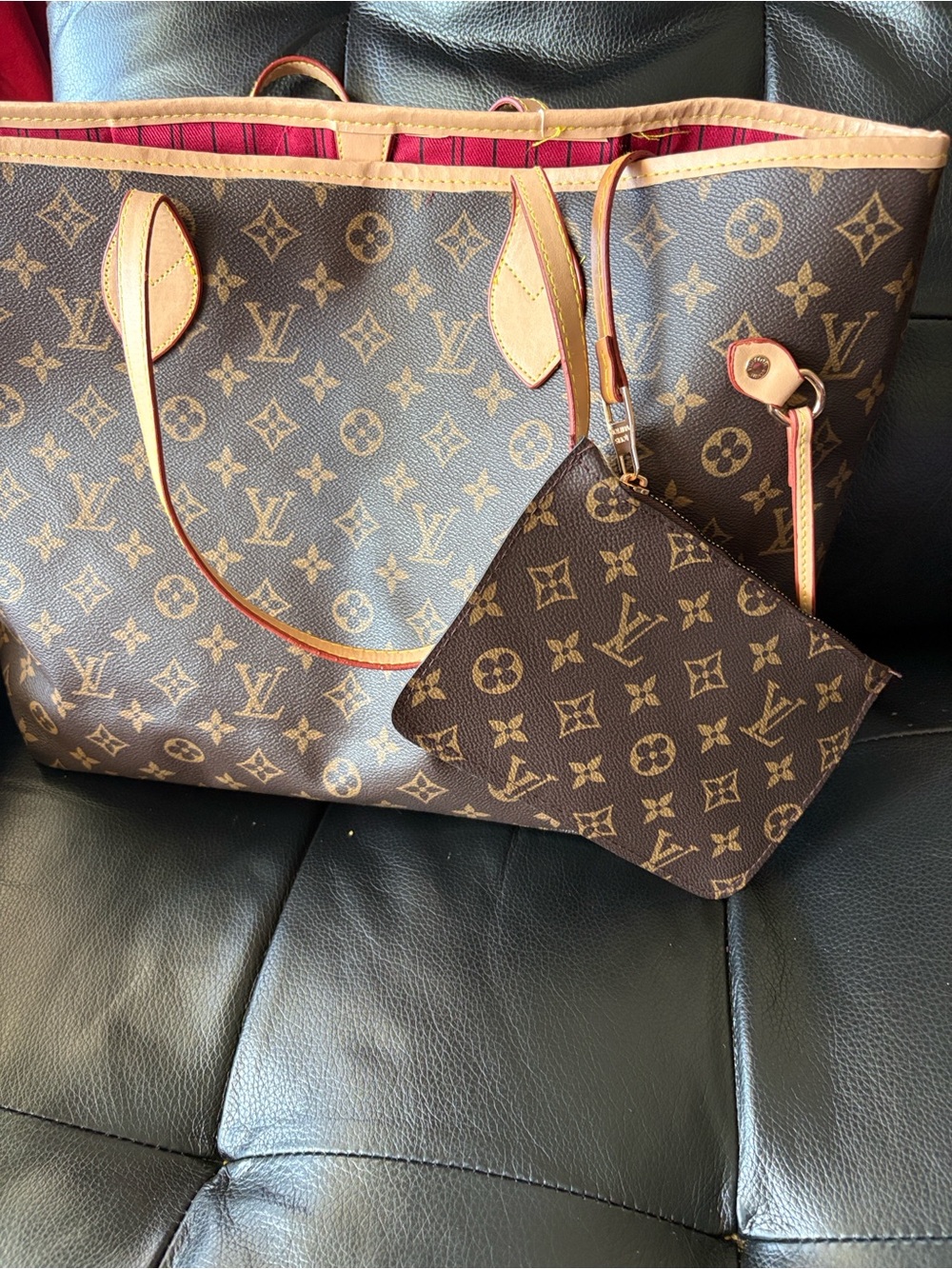 No brand set Canvas Tote with Matching Pouch in Brown and Tan and wallet